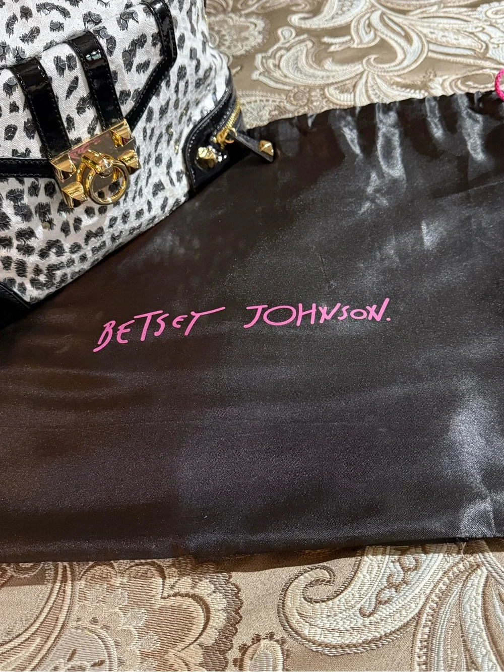 Betsey Johnson Black & White “Leopard Print Sequins” Satchel with Gold Hardwar